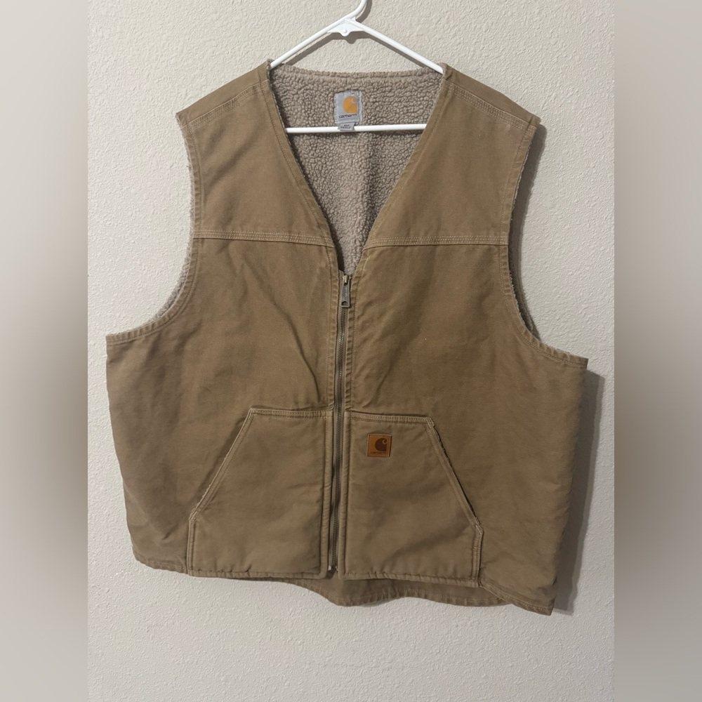 Carhartt Tan Canvas Work Vest with Sherpa Lining
